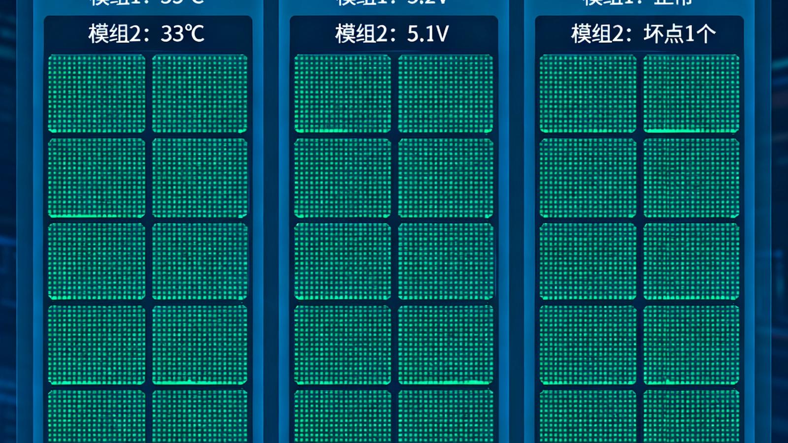 DS视讯自主研发的LED屏体健康监测平台软件界面截图，实时显示各模组温度、电压和坏点状态